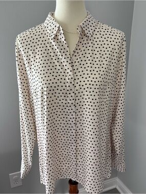 Express Portofino Button-Up Blouse in Cream w/Black Polka Dots size large
